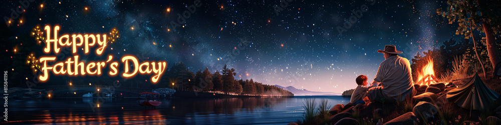 A starlit riverside with a campfire in the right corner, gently illuminating a father and child. In the left corner, A starlit riverside with a campfire in the right corner, gently illuminating a father and child. In the left corner,
