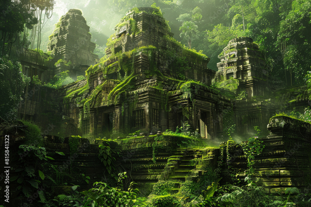 Majestic ancient ruins rising from the heart of a verdant jungle, with moss-covered stones, intricate carvings, and towering temple spires. Majestic ancient ruins rising from the heart of a verdant jungle, with moss-covered stones, intricate carvings, and towering temple spires.
