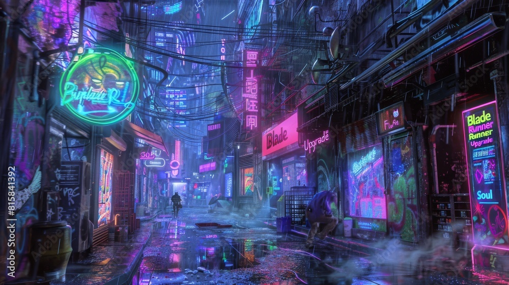 Naklejka premium Cyberpunk City Street With Neon Lights