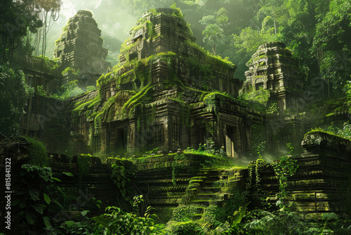 Majestic ancient ruins rising from the heart of a verdant jungle, with moss-covered stones, intricate carvings, and towering temple spires.