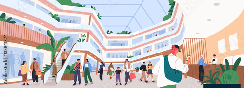People walking in shopping mall. Customers, buyers, purchasers in retail store, shoppers multi-story center. Modern interior panorama with escalator, showcases, floors. Flat vector illustration
