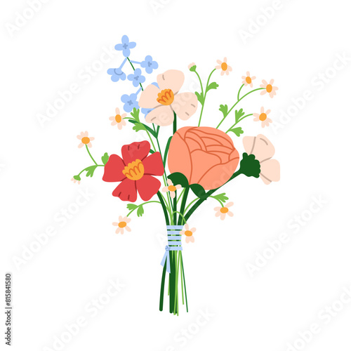 Flower bouquet, bunch. Garden and field blossoms, stems tied with string. Flo...