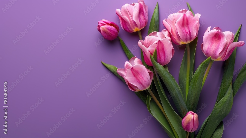 Delicate pink tulips bouquet on purple background concept for a celebration with room for text