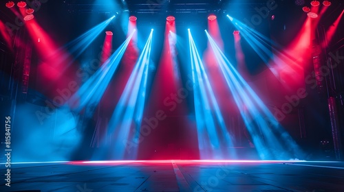 An empty stage with blue and red spotlights shining down, creating dramatic lighting.
