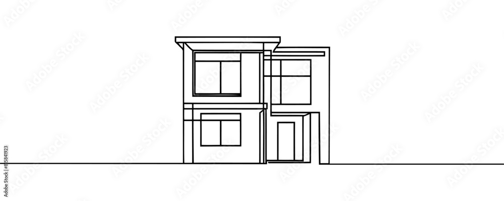 Modern house in one line continuous drawing style isolated on white background. Vector illustration