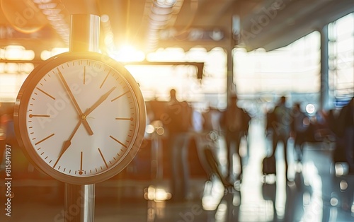 A clock overlaying a blurred crowd in a sunlit terminal.
