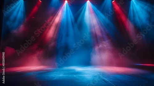 An empty stage with blue and red spotlights shining down  creating dramatic lighting. 