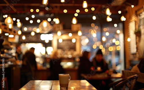 A cozy, warmly lit cafe interior with blurred lights and patrons.