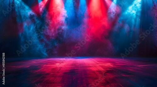An empty stage with blue and red spotlights shining down  creating dramatic lighting. 