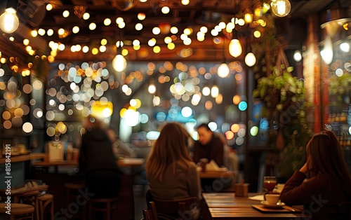 A cozy, warmly lit cafe interior with blurred lights and patrons. photo