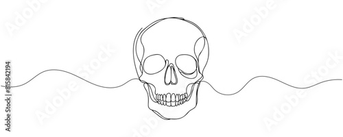 Human scull. One line continuous Halloween skull isolated on white background. Line art outline vector illustration.