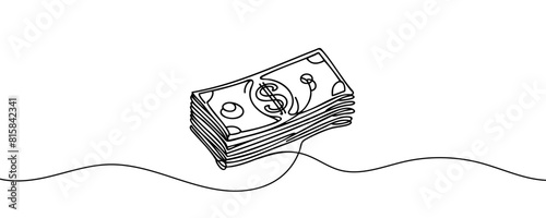 a stack of paper money, cash, banknotes, dollars, in one line. Continuous line drawing of dollars