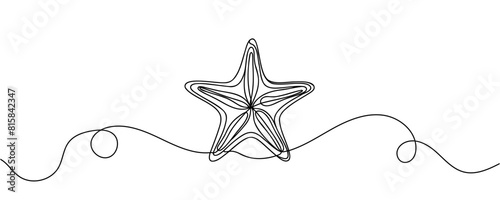 Continuous one line drawing of sea starfish. Minimalistic art web banner. Vector illustration