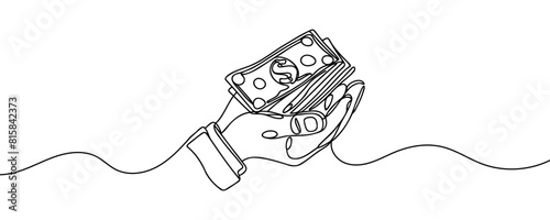 A stack of money in hands, dollars in one line. Continuous money line drawing.