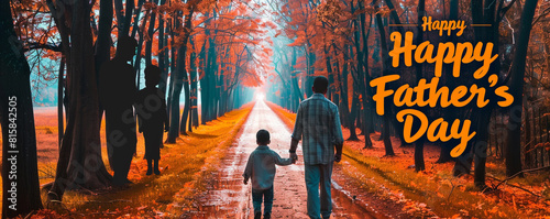 In a long, narrow view of an autumn forest, the silhouettes of a father and son are subtly integrated in the left corner. Across the scene, 