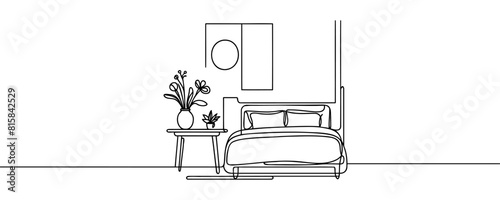 Continuous single line drawing of a double bed and table with a potted plant in a simple linear style. Vector illustration.