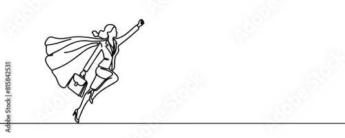 One line drawing of a young smart business woman flying high to achieve a goal. Minimal business sales growth concept