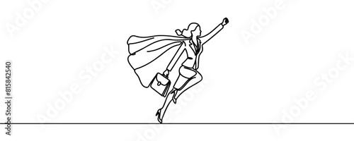 One line drawing of a young smart business woman flying high to achieve a goal. Minimal business sales growth concept