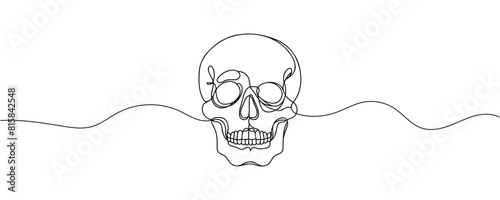 Human scull. One line continuous Halloween skull isolated on white background. Line art outline vector illustration.