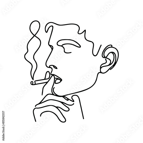 One continuous line draws a man smoking a cigarette. Hand drawn contour flat illustration isolated on white background.