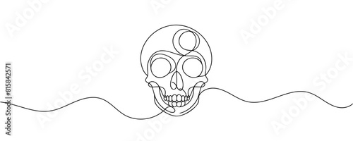 Human scull. One line continuous Halloween skull isolated on white background. Line art outline vector illustration.