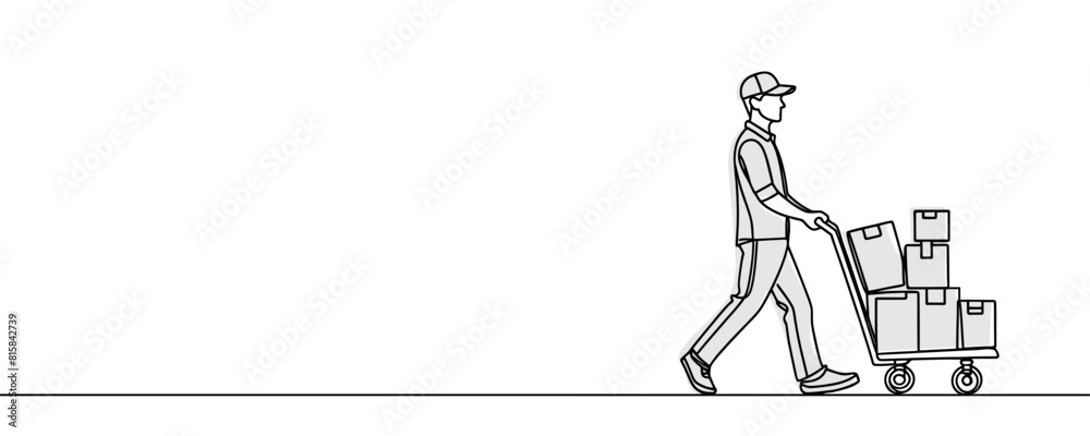 Single line drawing of a courier with a cardboard box with a trolley. Delivery service concept. Vector illustration of continuous line drawing. Single line drawing of a courier with a cardboard box with a trolley. Delivery service concept. Vector illustration of continuous line drawing.