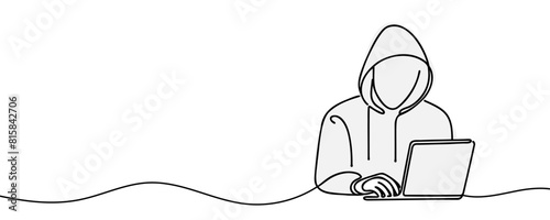 One line continuous cyber security hacker symbol. Silhouette of online financial security thief. vector illustration.