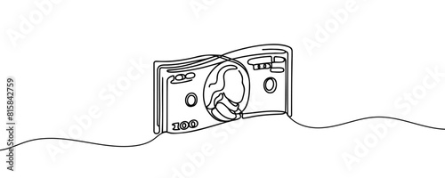 a stack of paper money, cash, banknotes, dollars, in one line. Continuous line drawing of dollars