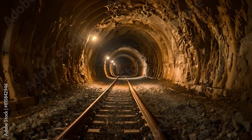 A dimly lit underground railway tunnel with two train tracks extending into the distance. The walls of the tunnel are rugged and lined with lights. photo