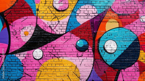 Colorful street art graffiti on a brick wall featuring abstract shapes and vibrant colors.