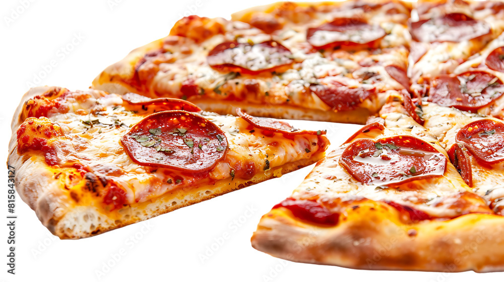 Slices of tasty pizza with pepperoni isolated on transparent background Slices of tasty pizza with pepperoni isolated on transparent background