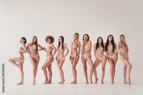 No filter photo of posing preppy hot multiracial girls support body positive self love concept isolated pastel color background