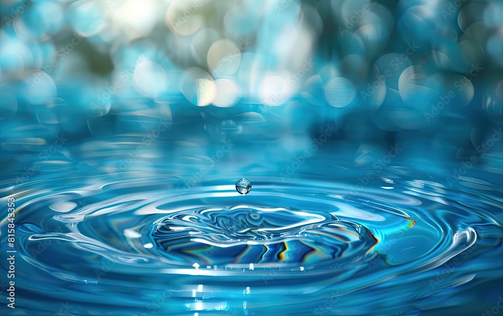 A single water droplet creates ripples in a serene blue pool.