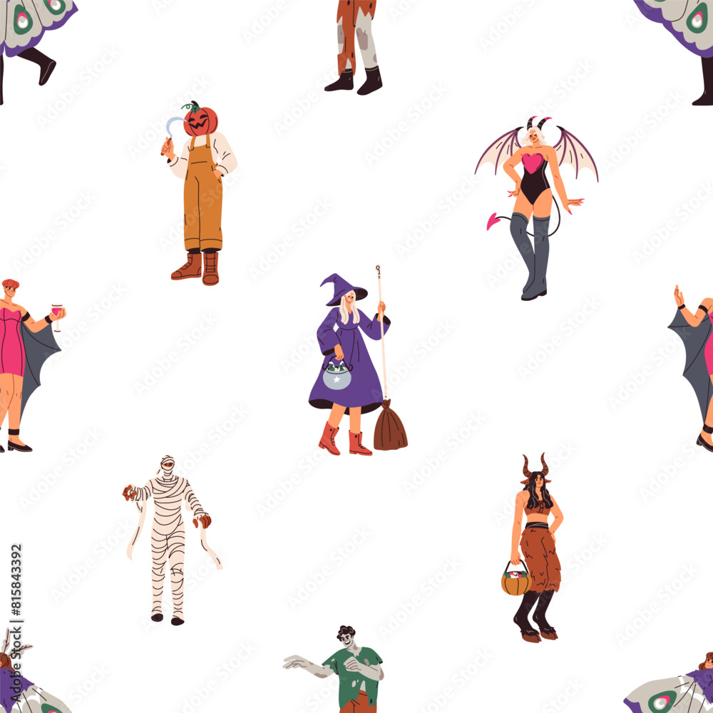 Naklejka premium Halloween masquerade, party, seamless pattern. People in witch, pumpkin, devil costumes, spooky background, repeating holiday design. Flat vector illustration for fabric, textile, wallpaper, wrapping