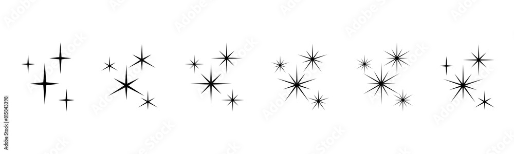 Collection of sets of decorative star sparkles isolated on a white background - Simple black sparkle icons - Shine little stars for decorations on party or celebration cards