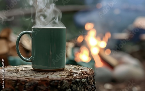 A steaming mug on a stump with a campfire in the background.