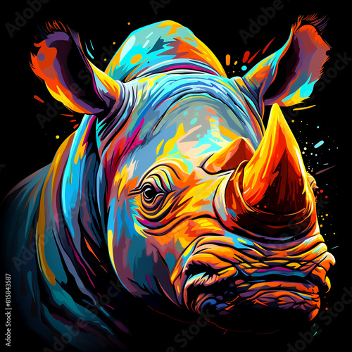 Full color rhino head  bright colors  black background.