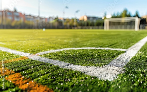 A vibrant and detailed artificial soccer pitch marked for play.