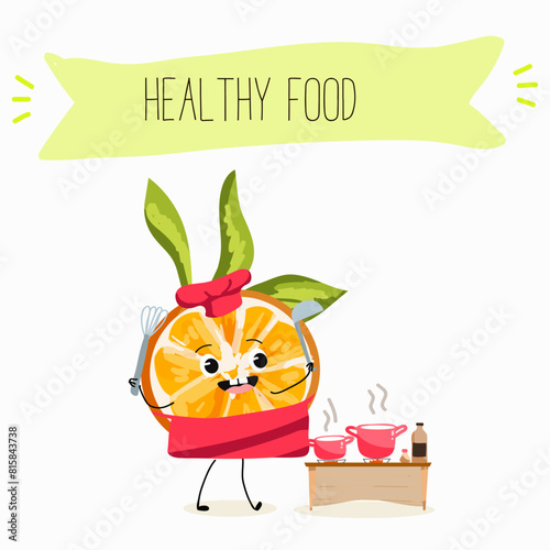 Cute tangerine, orange fruit characters, funny fruits, funny berry with different activities. Flat vector illustration. Organic food, healthy food, illustrations for kids menu, invitations.