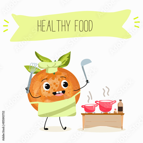 Cute tangerine, orange fruit characters, funny fruits, funny berry with different activities. Flat vector illustration. Organic food, healthy food, illustrations for kids menu, invitations.