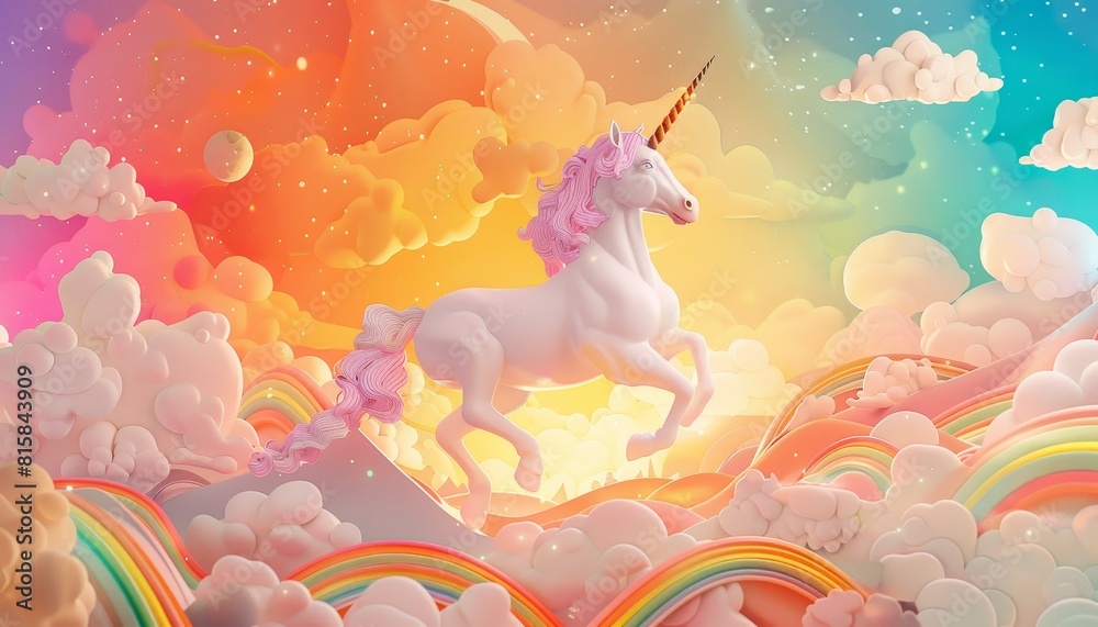 Obraz premium A unicorn is flying through a rainbow-filled sky by AI generated image