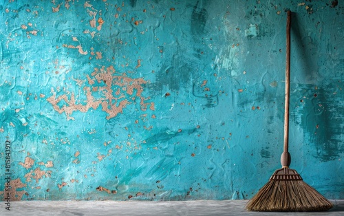 A weathered broom stands against a textured blue wall in a rustic setting. photo