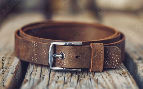 A weathered brown leather belt with a silver buckle.