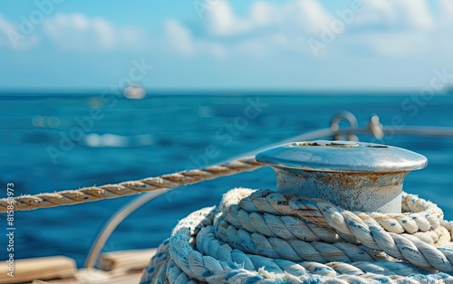 A winch with coiled rope on a boat against the blue sea. photo