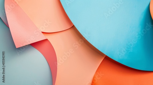 Minimal composition with geometric shapes and lines in pastel blue, peach, and orange colors. Abstract paper texture background.