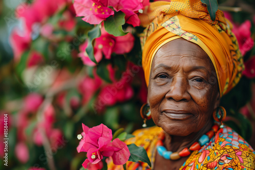 Smiling Elderly Black Lady in Garden with Pink Flowers © Cdric