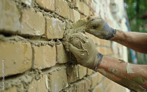 A worker applying mortar on a brick wall with precision.