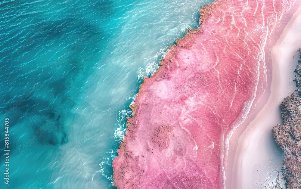 Aerial view of a vibrant pink shoreline blending with crystal blue waters.