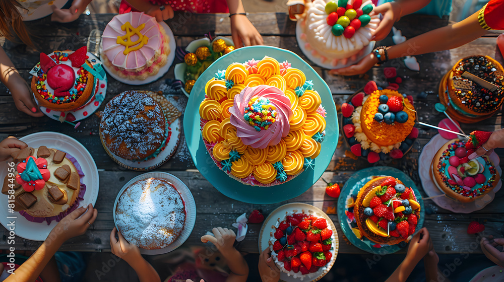 A photo featuring whimsical birthday cakes adorned with colorful frosting and playful edible decorations A photo featuring whimsical birthday cakes adorned with colorful frosting and playful edible decorations