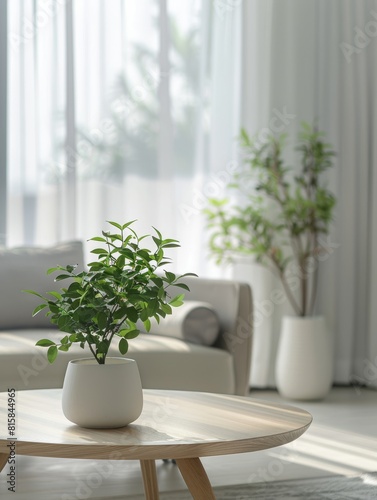 Minimalist Vase with Green Plant on wooden Table..